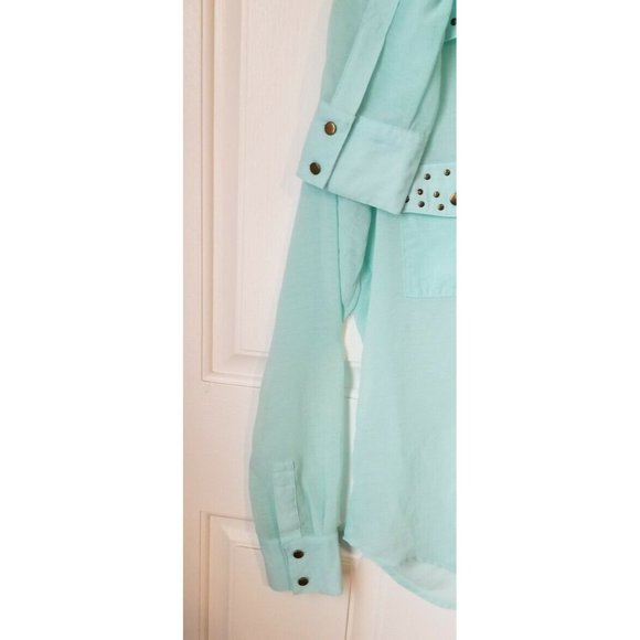 MNK Sheer Long Sleeve Blouse, Top, Junior's Medium, Women’s Medium, teal green - Picture 3 of 4